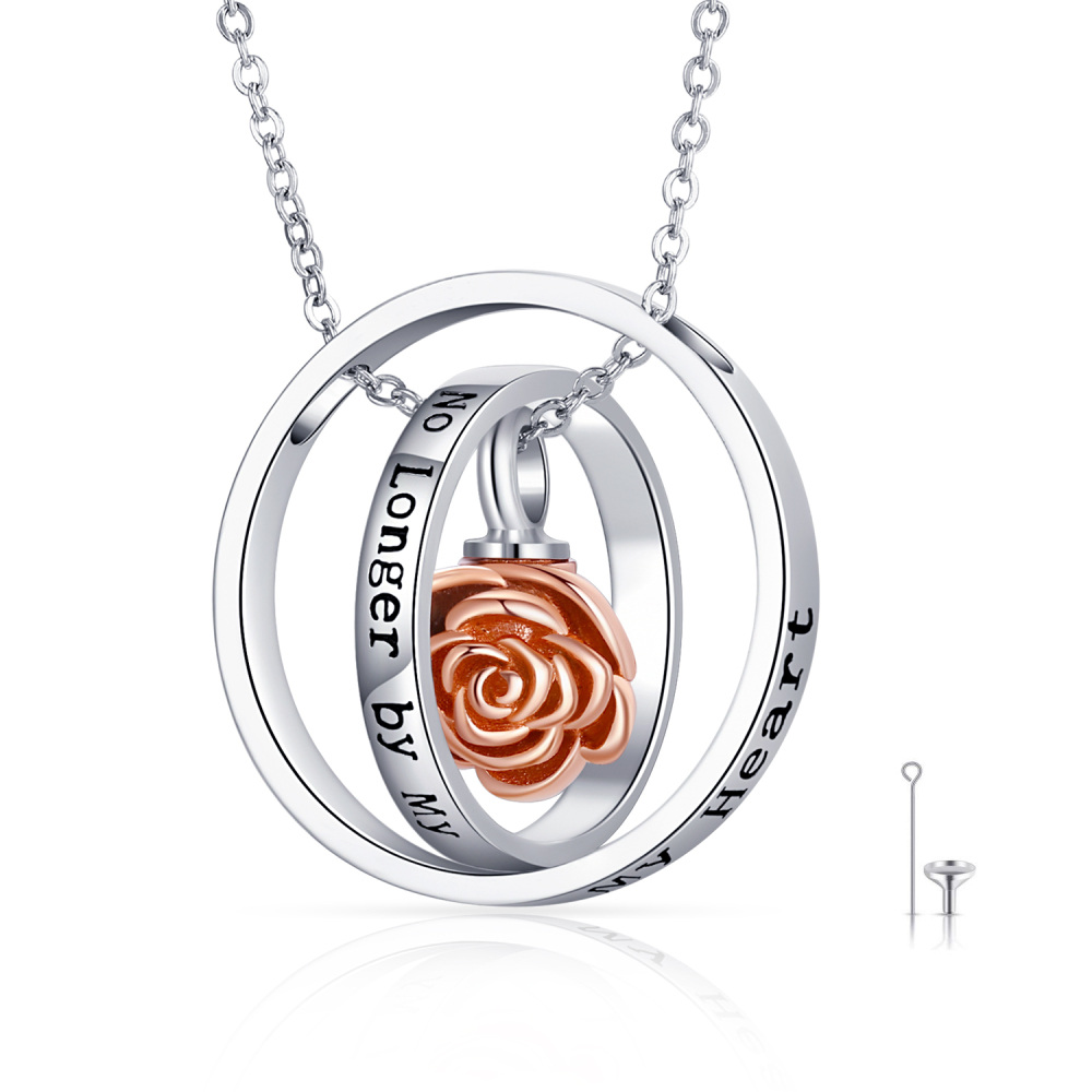 Sterling Silber zweifarbig drehbare Kreise Rose Anhänger Urne Halskette für Asche-1