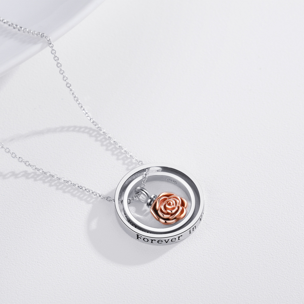 Sterling Silber zweifarbig drehbare Kreise Rose Anhänger Urne Halskette für Asche-3
