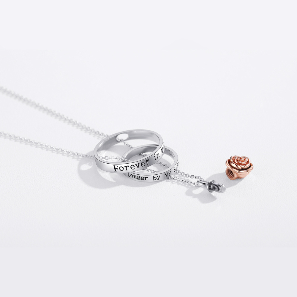 Sterling Silber zweifarbig drehbare Kreise Rose Anhänger Urne Halskette für Asche-4