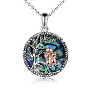 Sterling Silver Two-tone Round Abalone Shellfish Cat & Tree Of Life Pendant Necklace-54