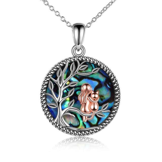 Sterling Silver Two-tone Round Abalone Shellfish Cat & Tree Of Life Pendant Necklace-5