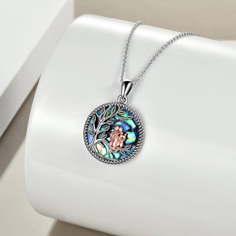Sterling Silver Two-tone Round Abalone Shellfish Cat & Tree Of Life Pendant Necklace-3