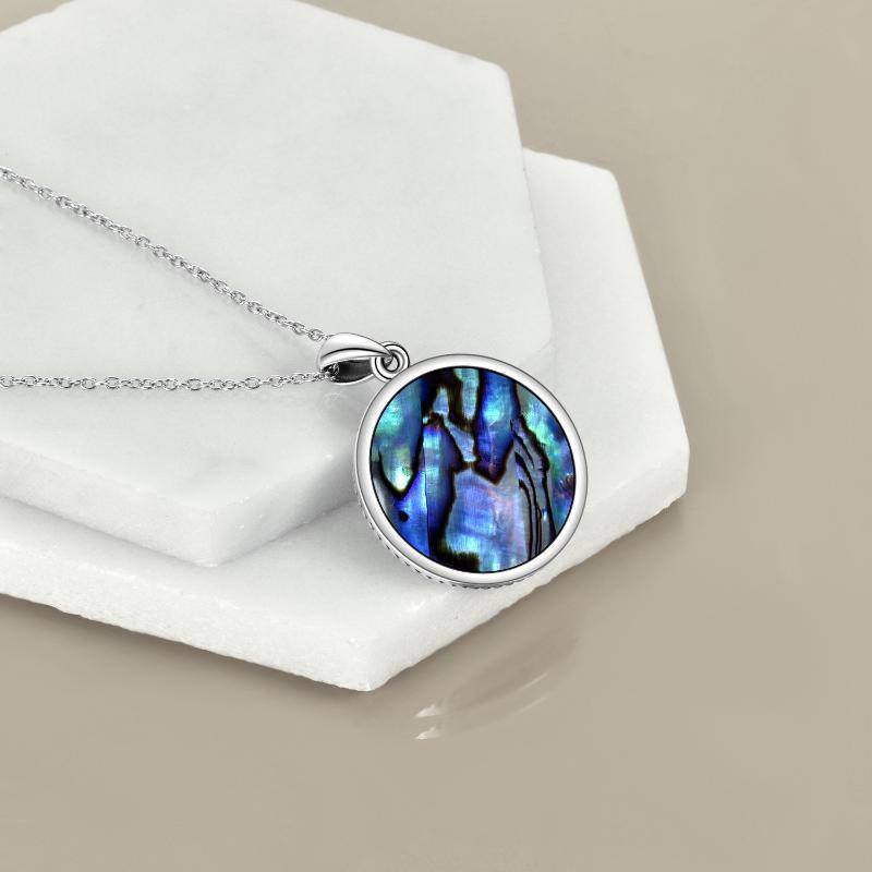 Sterling Silver Two-tone Round Abalone Shellfish Cat & Tree Of Life Pendant Necklace-4