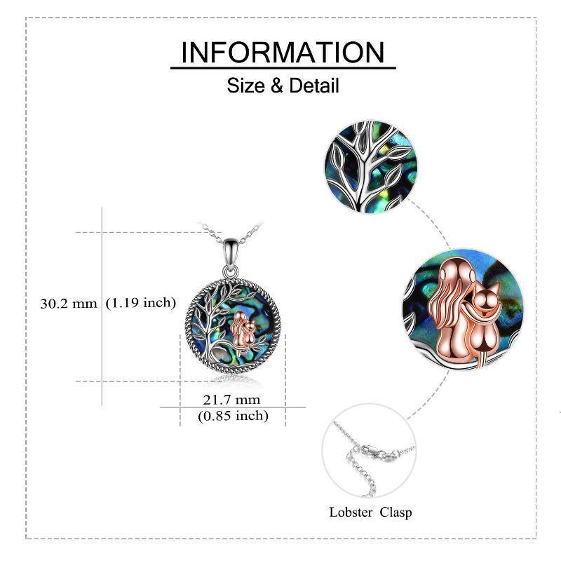 Sterling Silver Two-tone Round Abalone Shellfish Cat & Tree Of Life Pendant Necklace-5