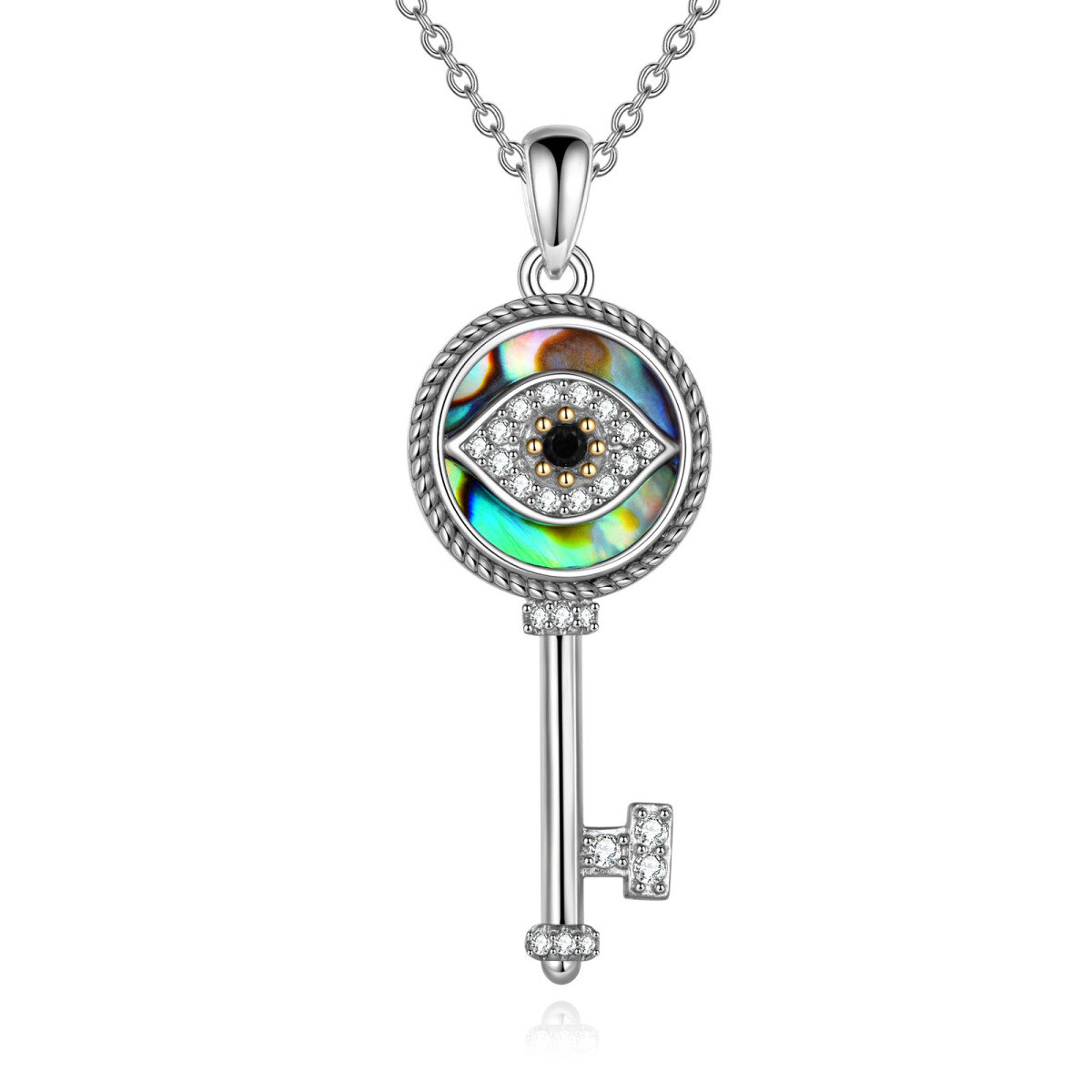 Sterling Silver Two-tone Round Abalone Shellfish Devil's Eye Pendant Necklace-1