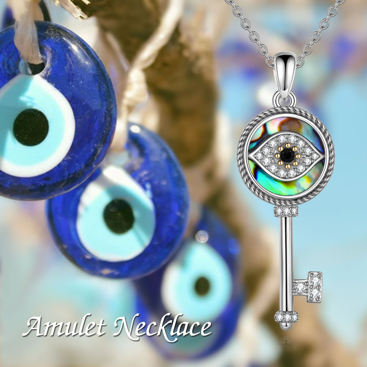 Sterling Silver Two-tone Round Abalone Shellfish Devil's Eye Pendant Necklace-6