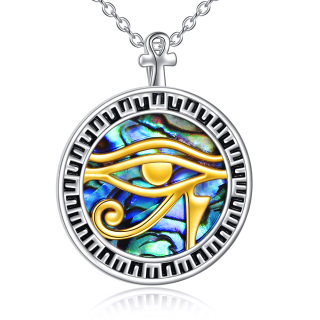 Sterling Silver Two-tone Round Abalone Shellfish Eye Of Horus Pendant Necklace-1