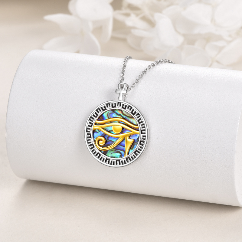 Sterling Silver Two-tone Round Abalone Shellfish Eye Of Horus Pendant Necklace-3