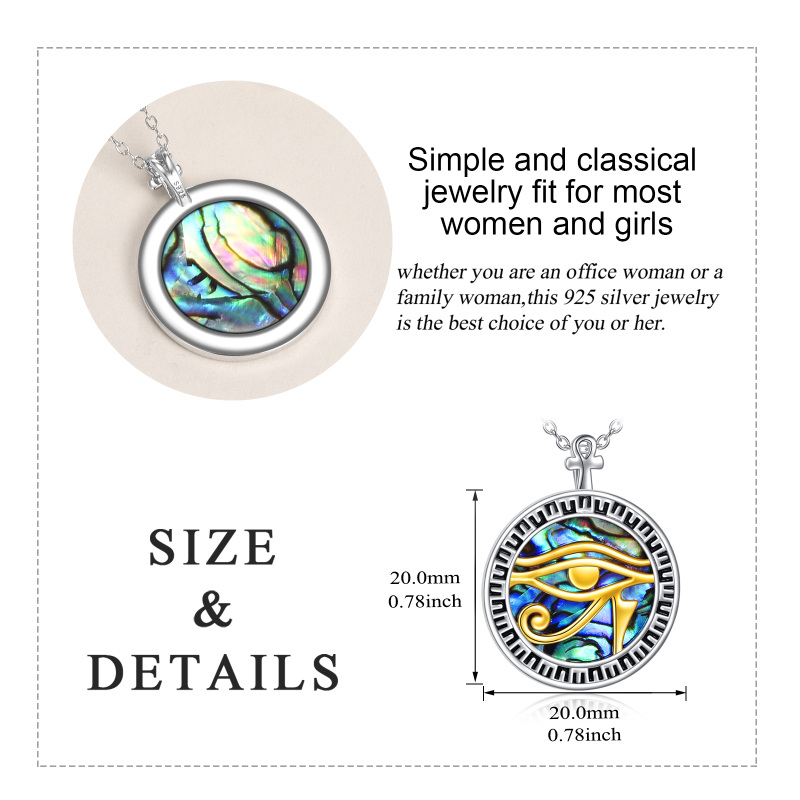 Sterling Silver Two-tone Round Abalone Shellfish Eye Of Horus Pendant Necklace-5