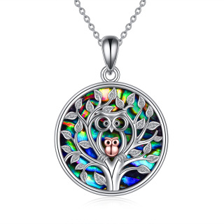 Sterling Silver Two-tone Round Abalone Shellfish Owl Pendant Necklace-7