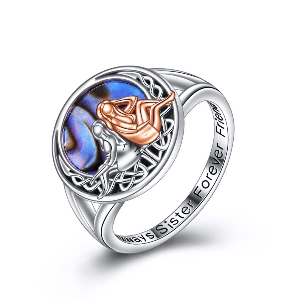 Sterling Silver Two-tone Round Shaped Abalone Shellfish Sisters & Celtic Knot Ring with Engraved Word-1