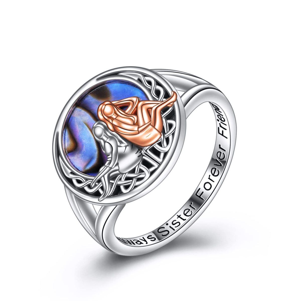 Bague en argent sterling bicolore en forme de coquillage Abalone Sisters, nœud celtique avec mot gravé-1