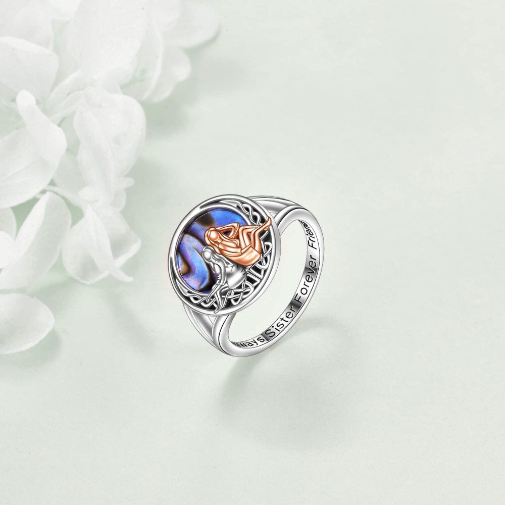 Sterling Silver Two-tone Round Shaped Abalone Shellfish Sisters & Celtic Knot Ring with Engraved Word-4