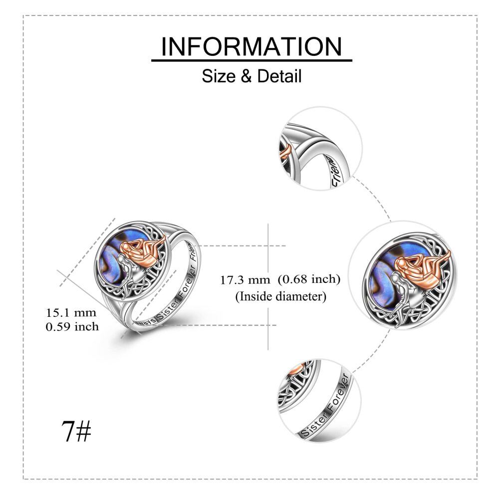 Sterling Silver Two-tone Round Shaped Abalone Shellfish Sisters & Celtic Knot Ring with Engraved Word-5