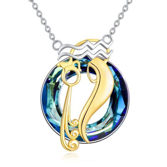 Sterling Silver Two-tone Round Aquarius Crystal Pendant Necklace