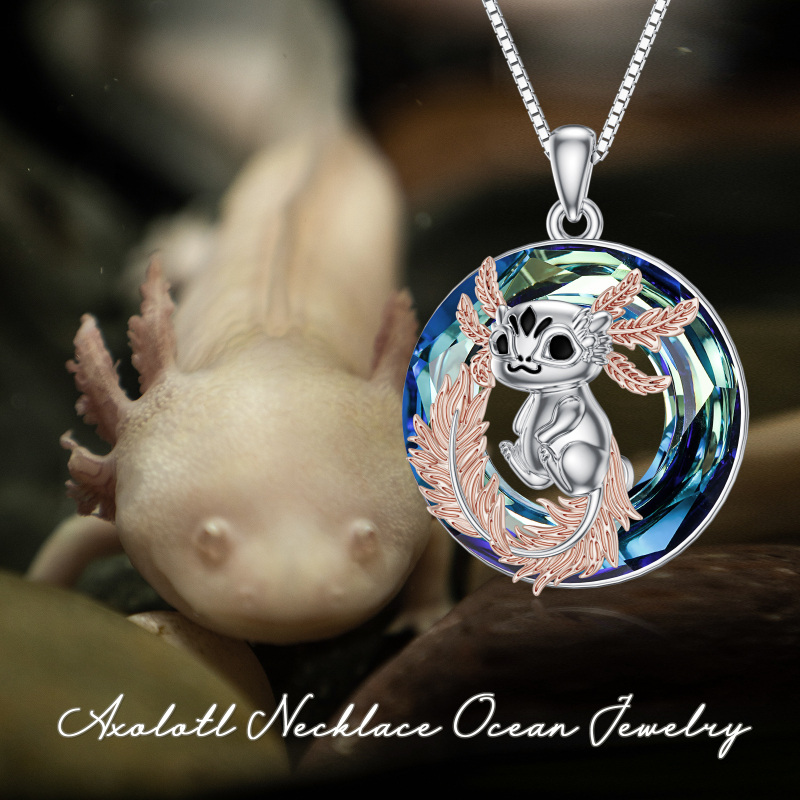 Sterling Silver Two-tone Round Axolotl Crystal Pendant Necklace-3