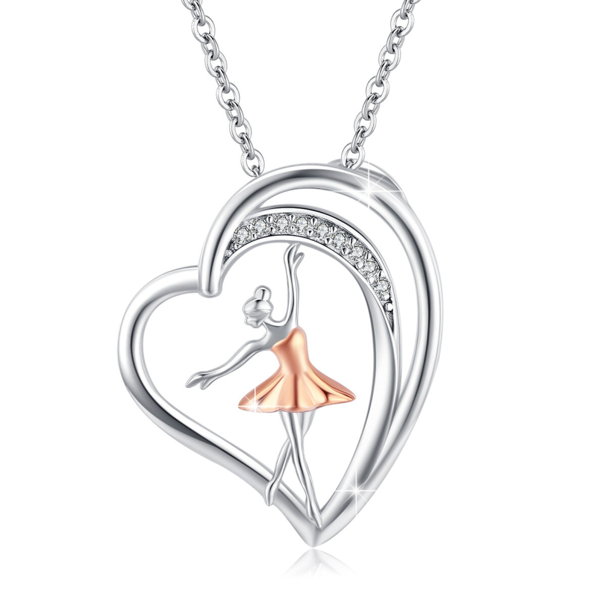 Sterling zilveren tweekleurige ronde cubic zirconia ballet danseres & hart hanger ketting-1