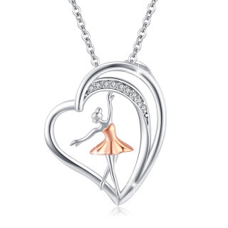 Sterling Silver Two-tone Round Cubic Zirconia Ballet Dancer & Heart Pendant Necklace-35