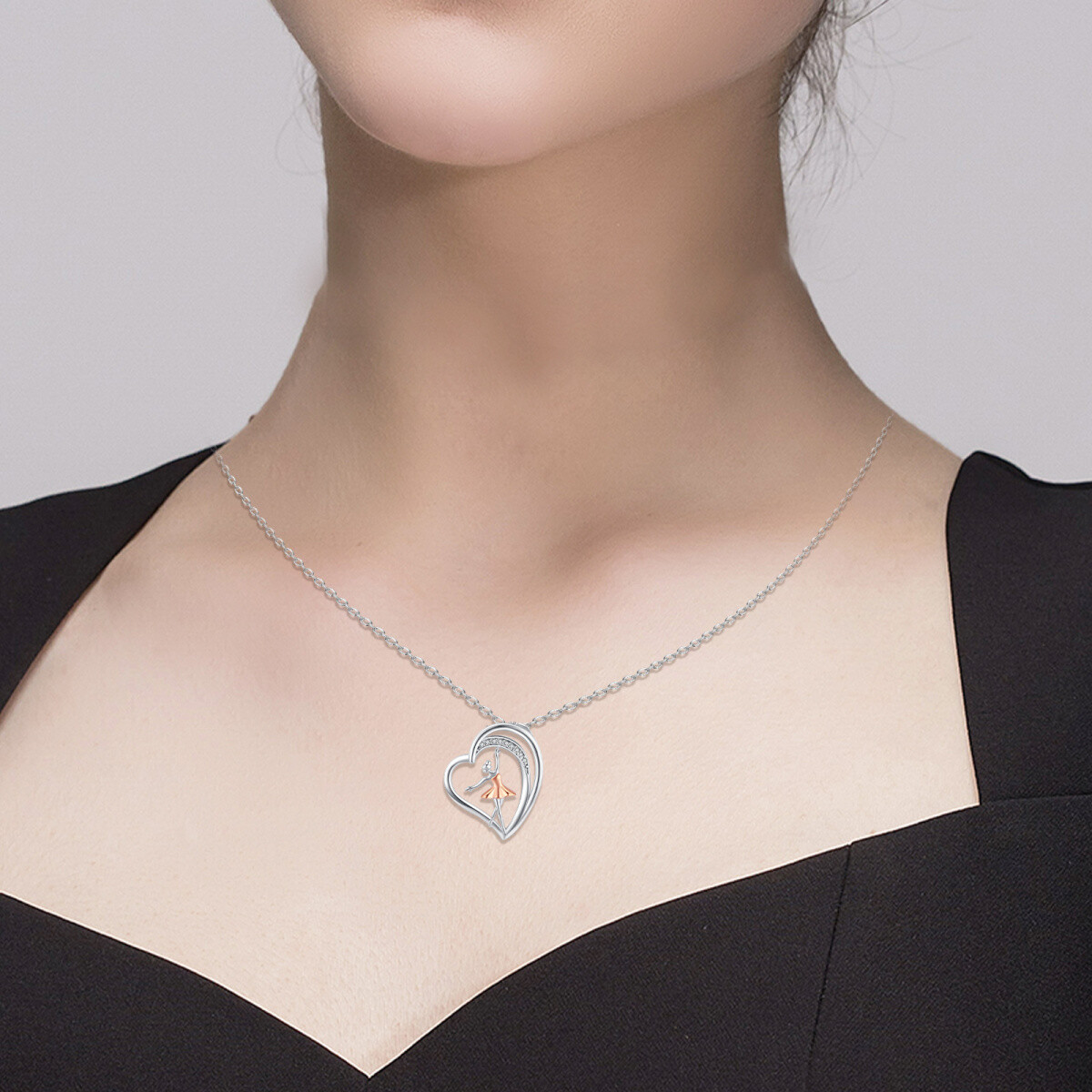 Collier avec pendentif en forme de cœur de danseuse de ballet en argent sterling et oxyde de zirconium rond bicolore-3