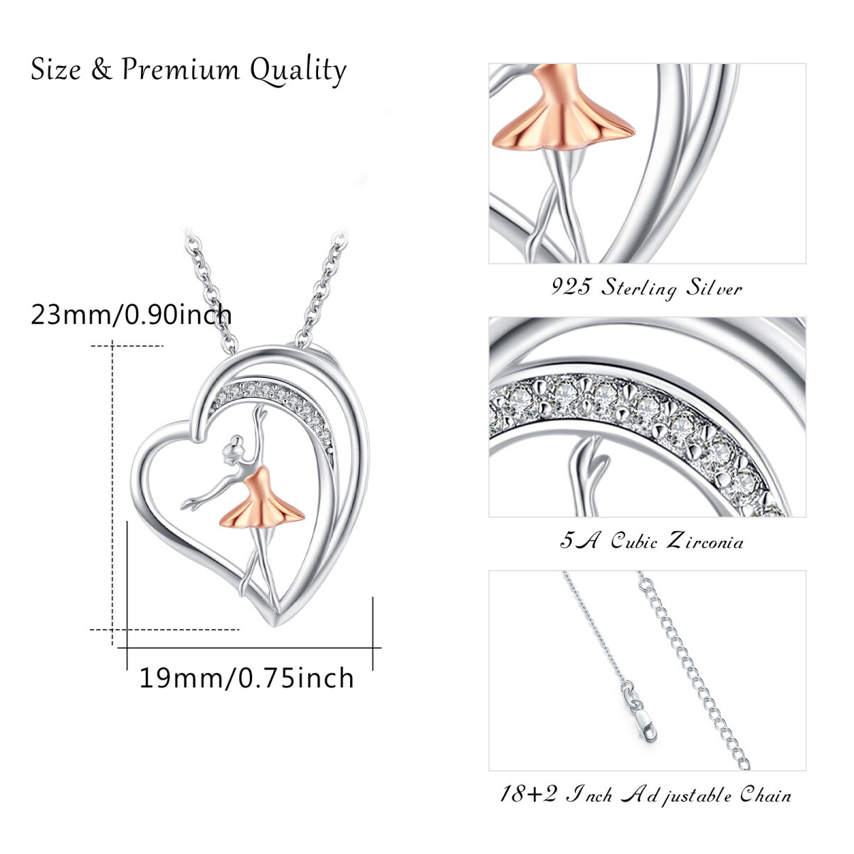 Colar com pingente de coração de bailarina de zircônia cúbica redonda de dois tons de prata esterlina-4