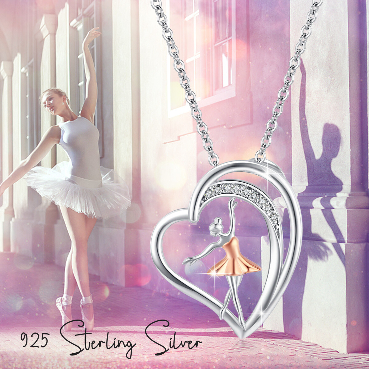 Sterling zilveren tweekleurige ronde cubic zirconia ballet danseres & hart hanger ketting-5