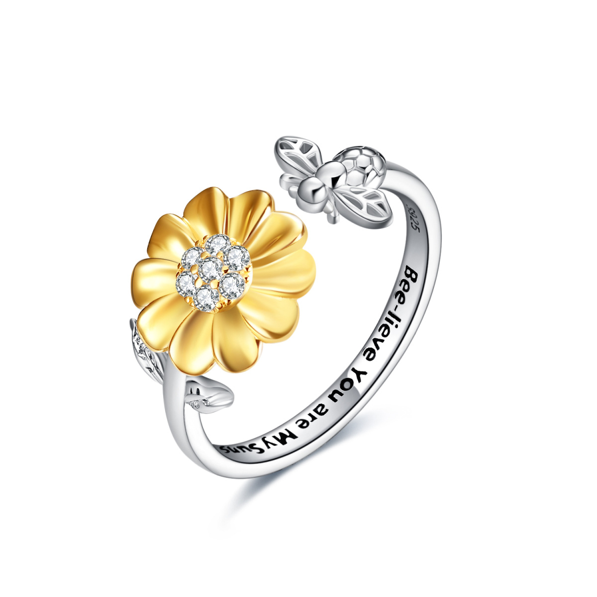 Offener Ring aus Sterlingsilber, zweifarbig, rund, Zirkonia, Biene, Sonnenblume, mit eingraviertem Wort-1