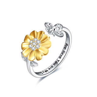 Sterling Silver Two-tone Round Cubic Zirconia Bee & Sunflower Open Ring with Engraved Word-4