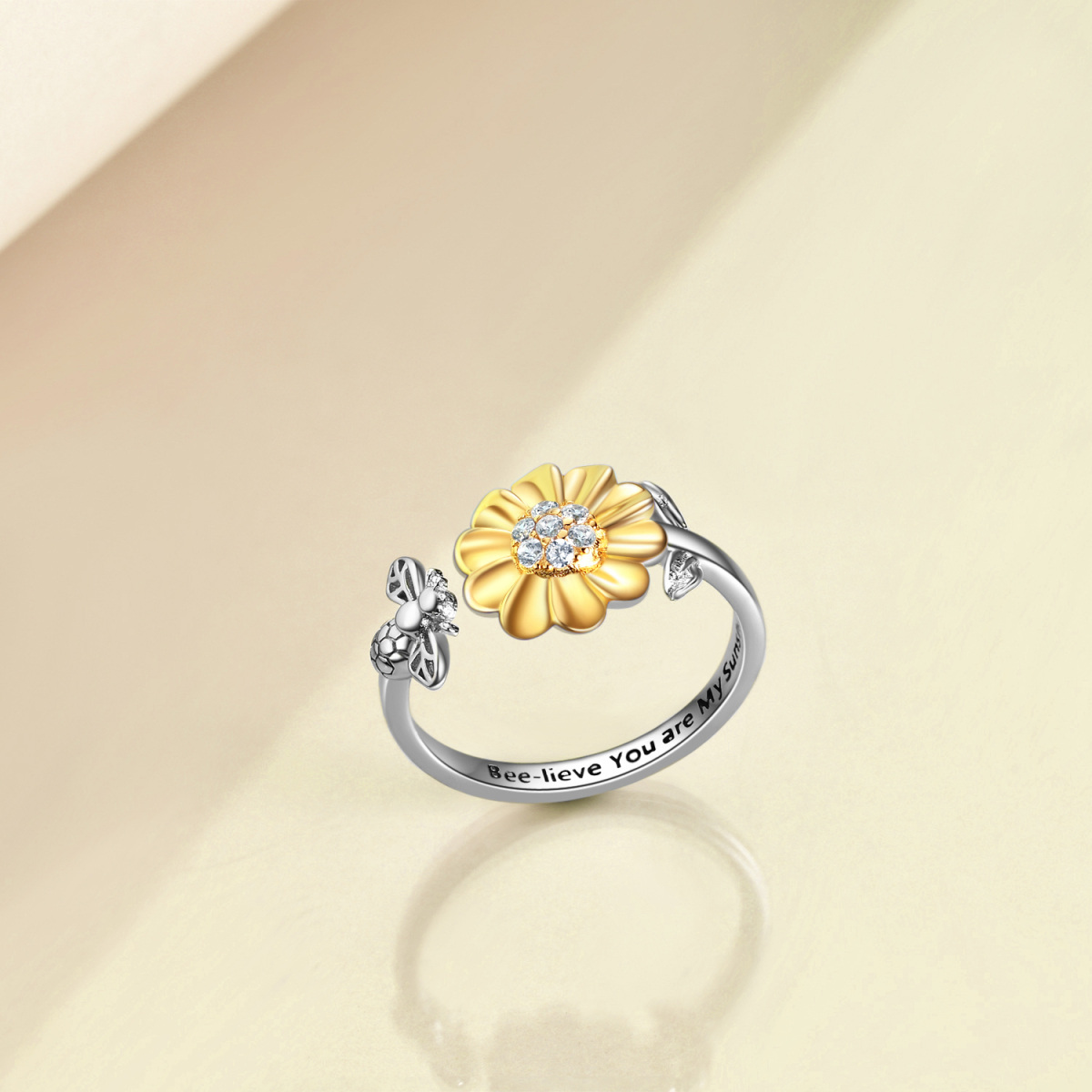 Offener Ring aus Sterlingsilber, zweifarbig, rund, Zirkonia, Biene, Sonnenblume, mit eingraviertem Wort-3