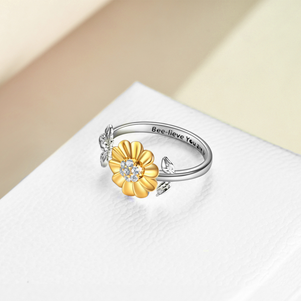 Bague ouverte en forme d'abeille et de tournesol en argent sterling avec oxyde de zirconium rond bicolore et mot gravé-4