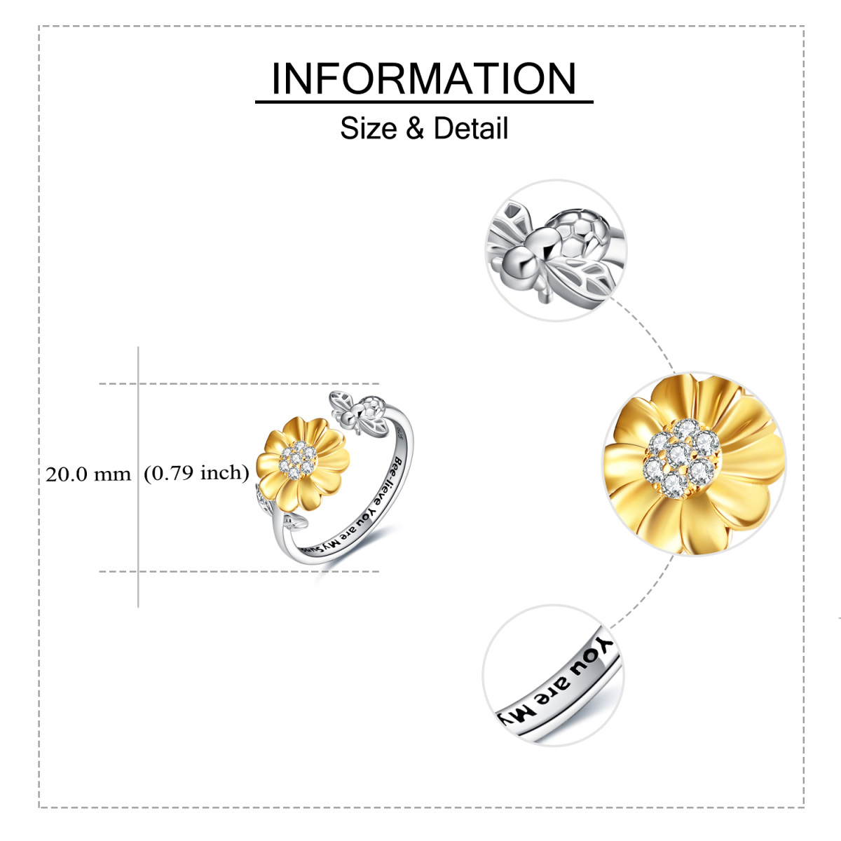 Offener Ring aus Sterlingsilber, zweifarbig, rund, Zirkonia, Biene, Sonnenblume, mit eingraviertem Wort-5