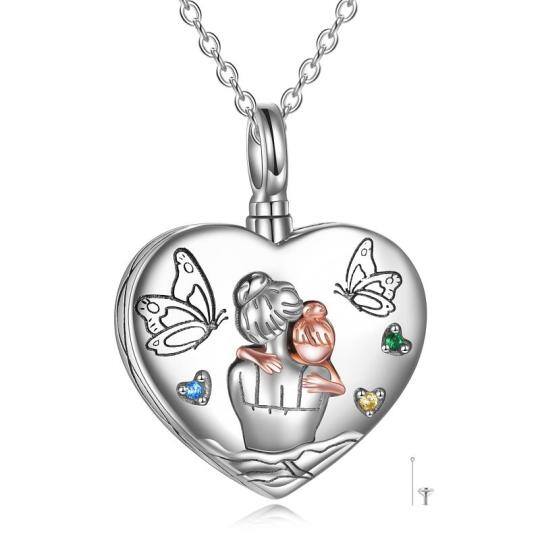 Collana con urna con parola incisa a forma di cuore in argento sterling bicolore con zirconi cubici rotondi bicolore per ceneri per le donne Migliori amiche