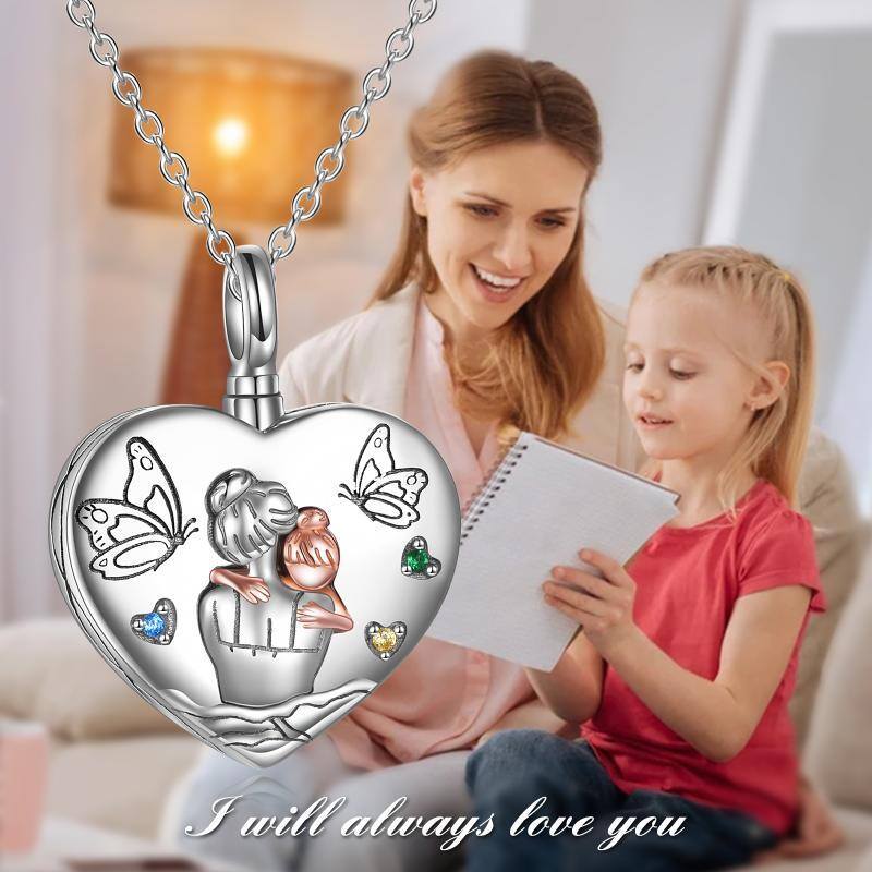 Sterling Silver Two-Tone Round Cubic Zirconia Butterfly & Parents Heart Engraved Word Urn Necklace For Ashes For Women Best Friends-6