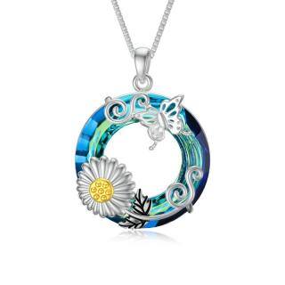 Sterling Silver Two-tone Round Butterfly & Sunflower Crystal Pendant Necklace-4