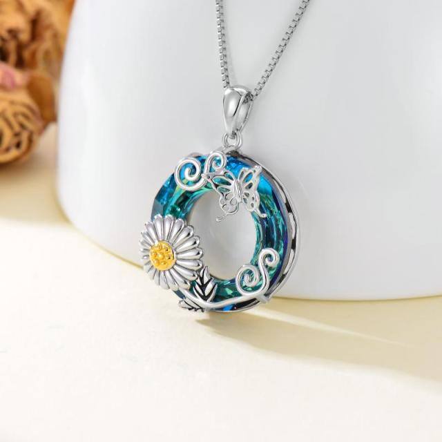 Sterling Silver Two-tone Round Butterfly & Sunflower Crystal Pendant Necklace-3