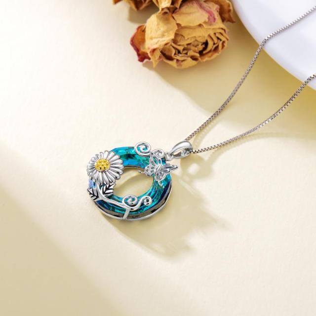 Sterling Silver Two-tone Round Butterfly & Sunflower Crystal Pendant Necklace-4