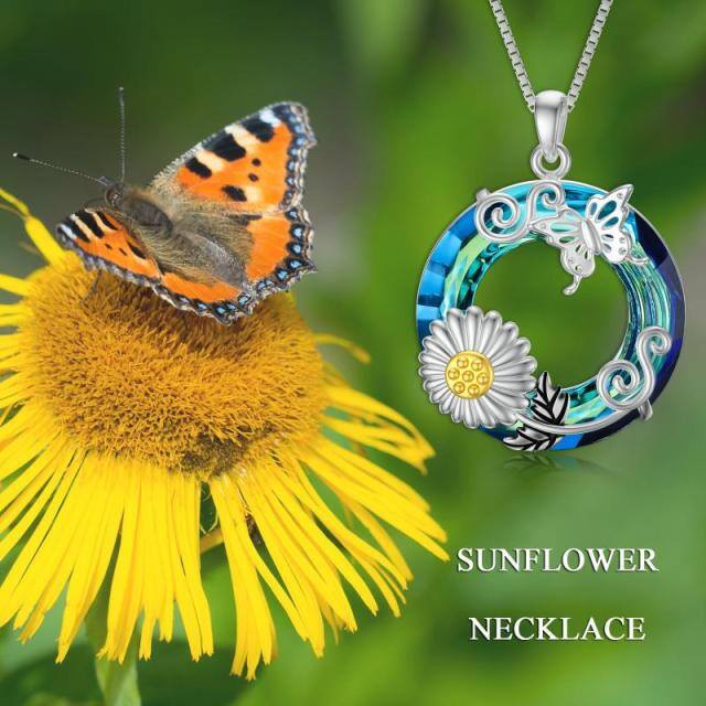 Sterling Silver Two-tone Round Butterfly & Sunflower Crystal Pendant Necklace-5