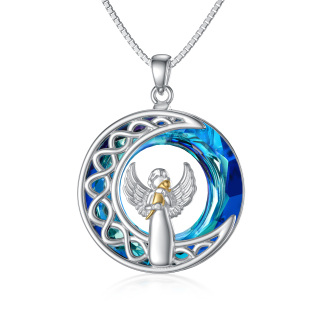 Sterling Silver Two-Tone Round Crystal Cat Angel Wing And Moon Pendant Necklace For Women-37