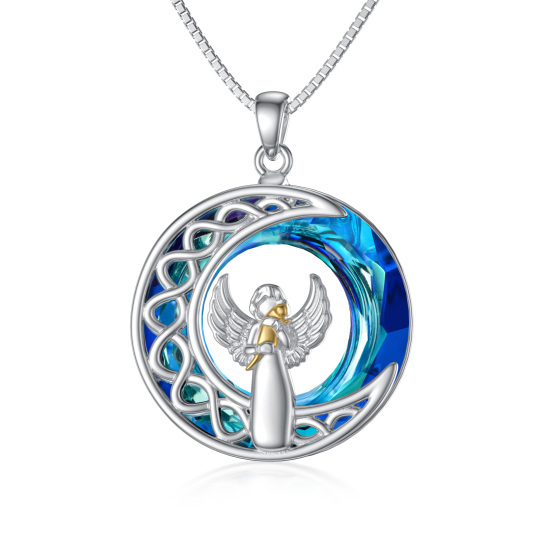 Sterling Silver Two-tone Round Cat & Angel Wing & Moon Crystal Pendant Necklace