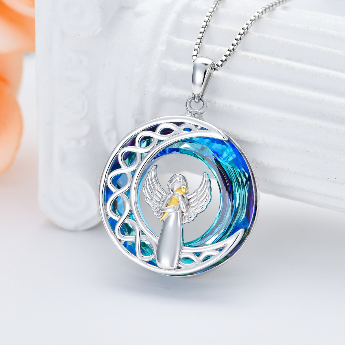 Sterling Silver Two-Tone Round Crystal Cat Angel Wing And Moon Pendant Necklace For Women-2