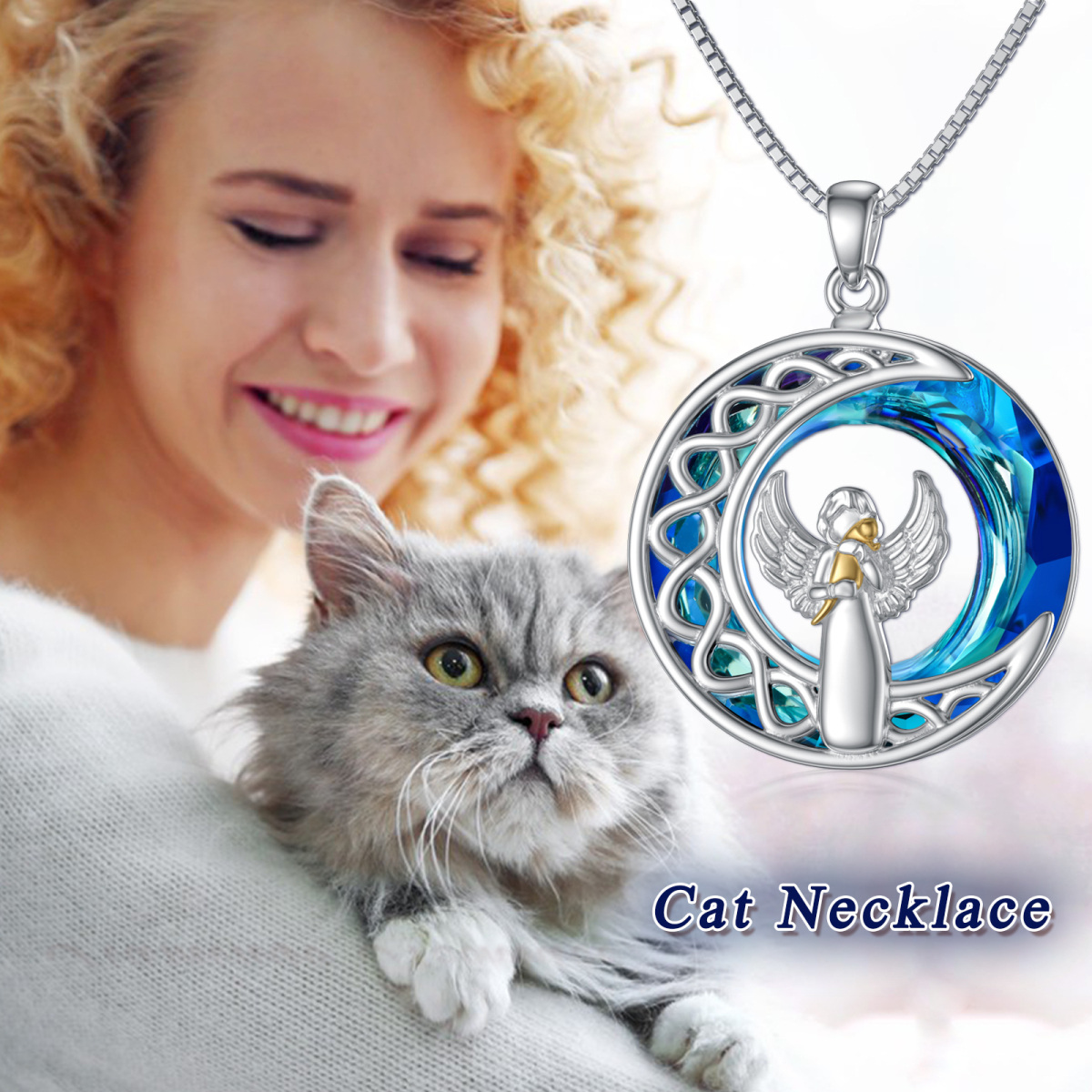 Collar con colgante de luna y ala de ángel de gato de cristal redondo de dos tonos de plata de ley para mujer-5