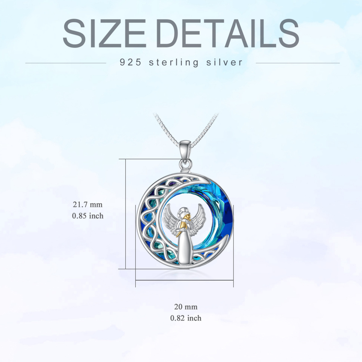 Sterling Silver Two-Tone Round Crystal Cat Angel Wing And Moon Pendant Necklace For Women-6