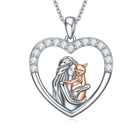 Sterling zilveren tweekleurige ronde cubic zirkonia kat en hart hanger ketting