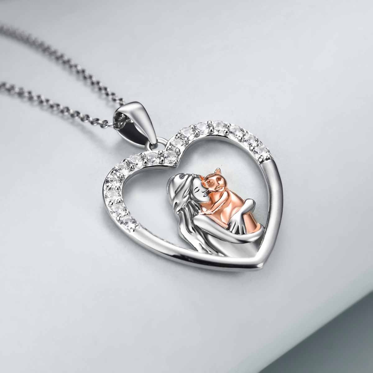 Sterling Silver Two-tone Round Cubic Zirconia Cat & Heart Pendant Necklace-3