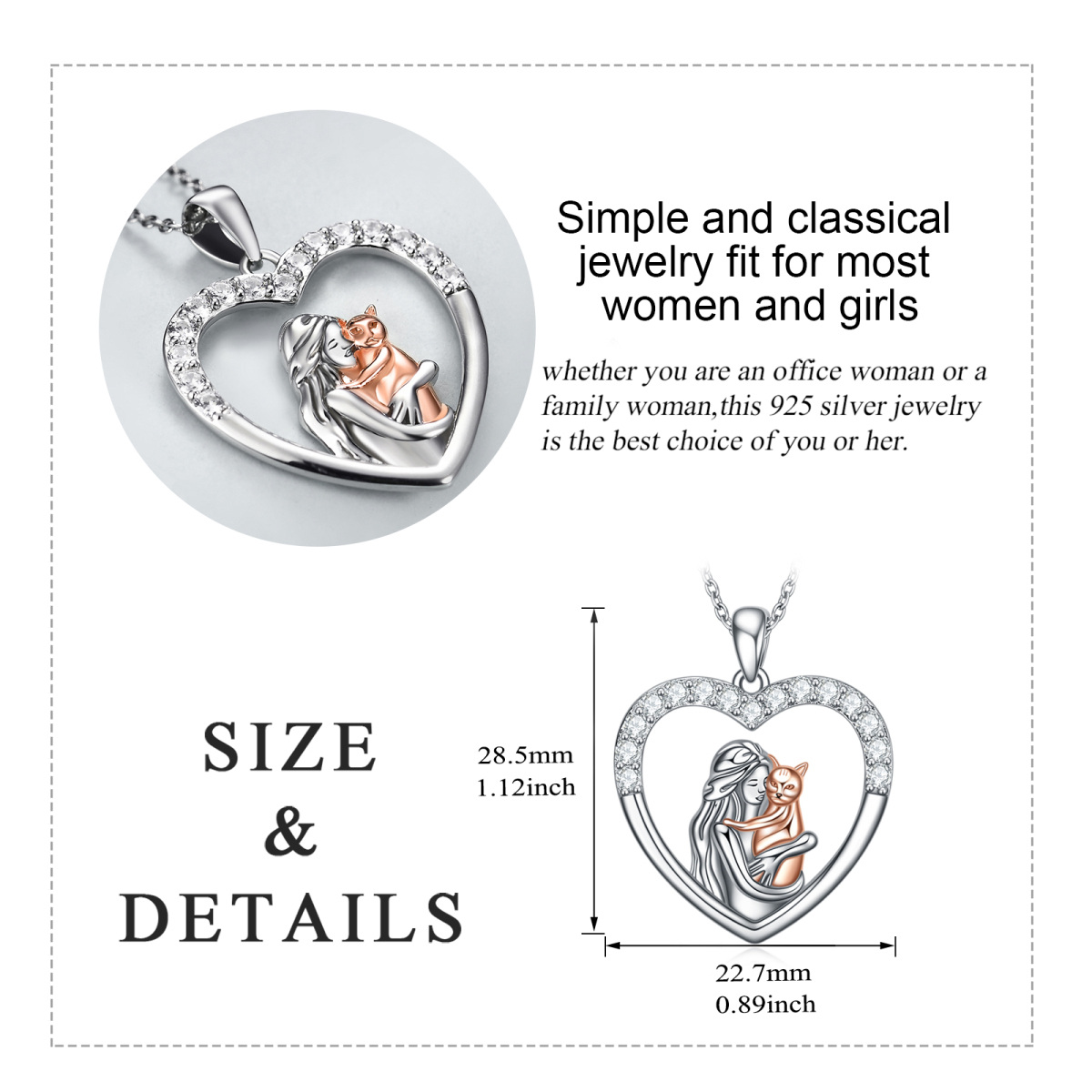 Sterling Silver Two-tone Round Cubic Zirconia Cat & Heart Pendant Necklace-5