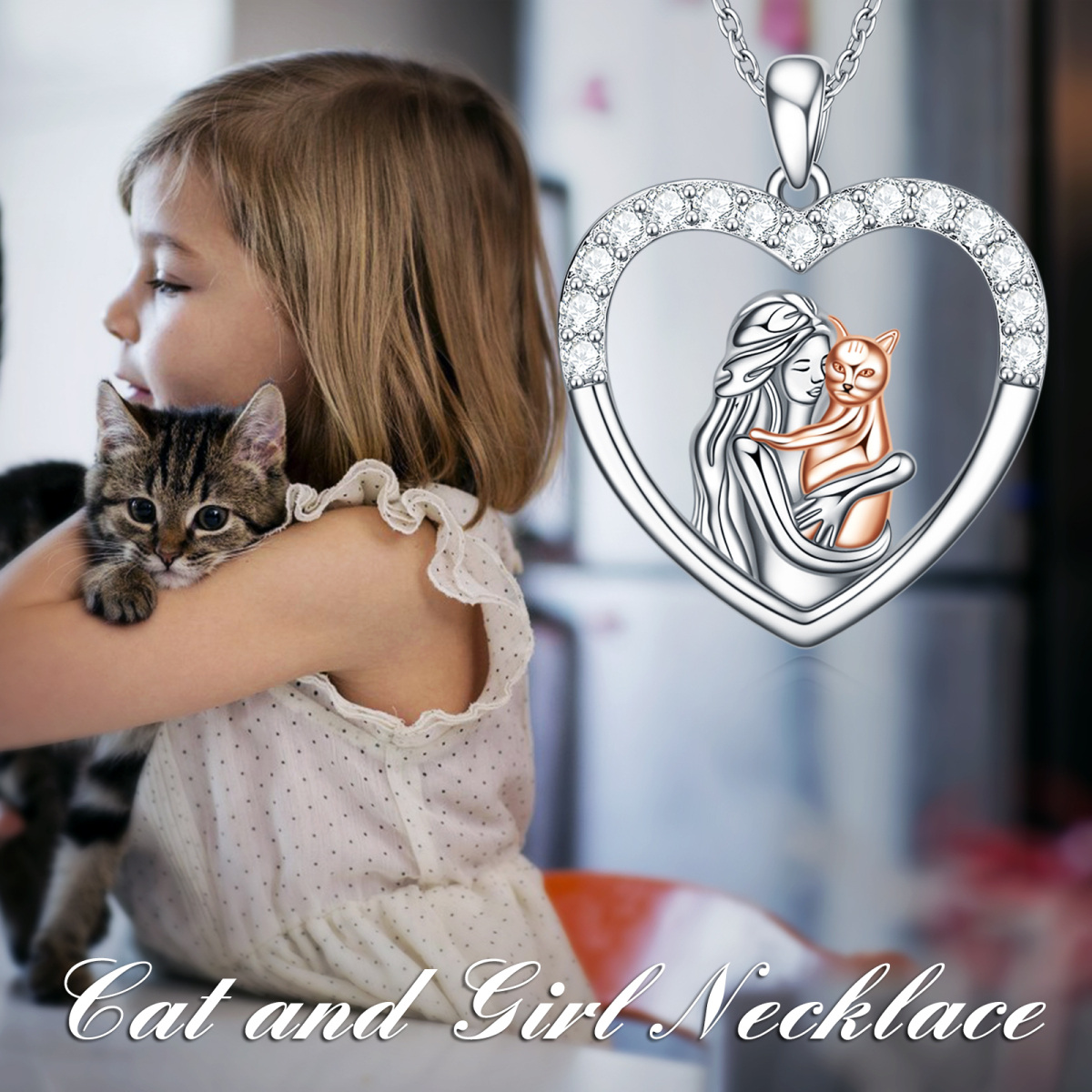 Sterling Silver Two-tone Round Cubic Zirconia Cat & Heart Pendant Necklace-6