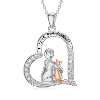 Sterling Silver Two-tone Round Cubic Zirconia Cat & Heart Pendant Necklace with Engraved Word-42