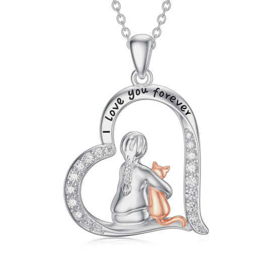 Sterling Silver Two-tone Round Cubic Zirconia Cat & Heart Pendant Necklace with Engraved Word