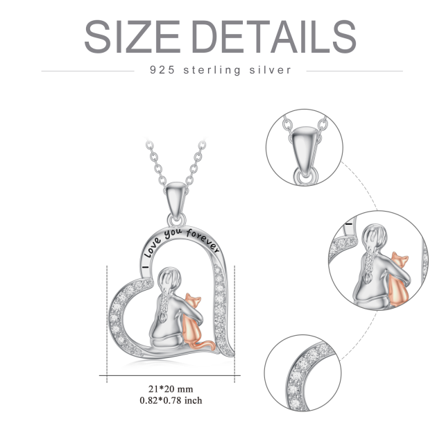 Sterling Silver Two-tone Round Cubic Zirconia Cat & Heart Pendant Necklace with Engraved Word-6