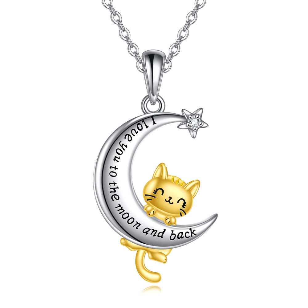 Collar con colgante de gato, luna y estrella en plata de ley con circonita cúbica bicolor y palabra grabada para mujer.-1