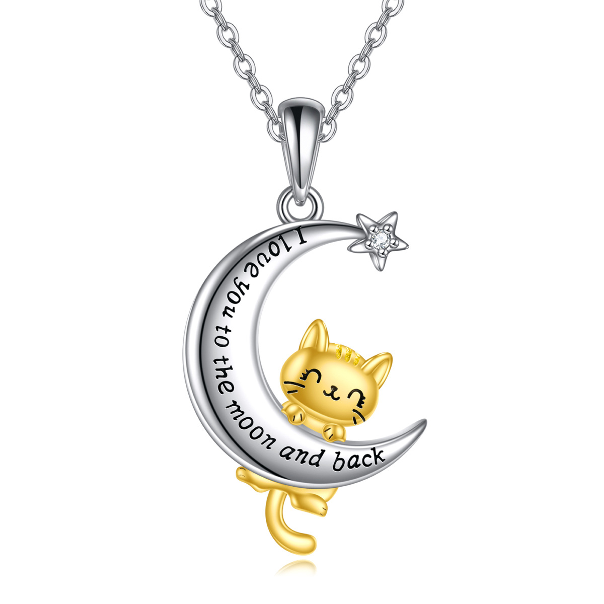 Sterling Silver Two-Tone Cubic Zirconia Cat And Moon Star Pendant Necklace With Engraved Word For Women-1